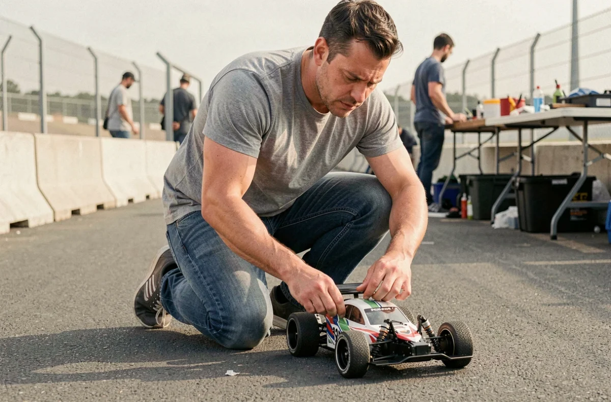 Passionné de modélisme automobile ajustant une voiture radiocommandée sur un circuit asphalté