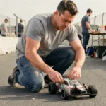 Passionné de modélisme automobile ajustant une voiture radiocommandée sur un circuit asphalté
