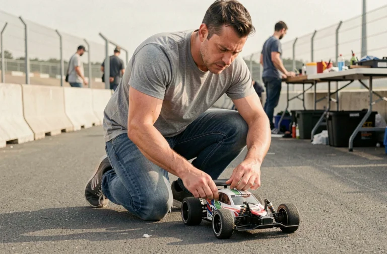 Passionné de modélisme automobile ajustant une voiture radiocommandée sur un circuit asphalté