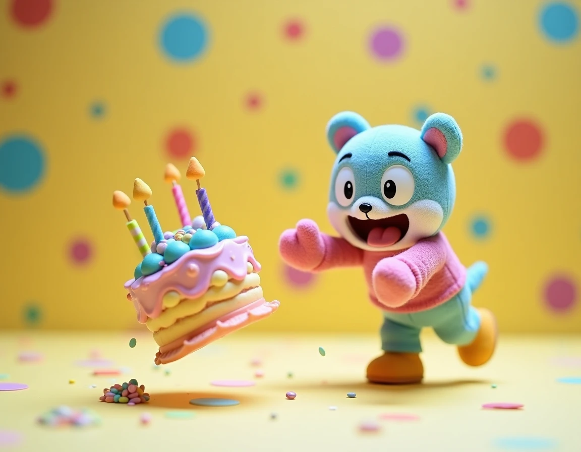 Un personnage de dessin animé en figurine qui trébuche en laissant tomber un gâteau d'anniversaire