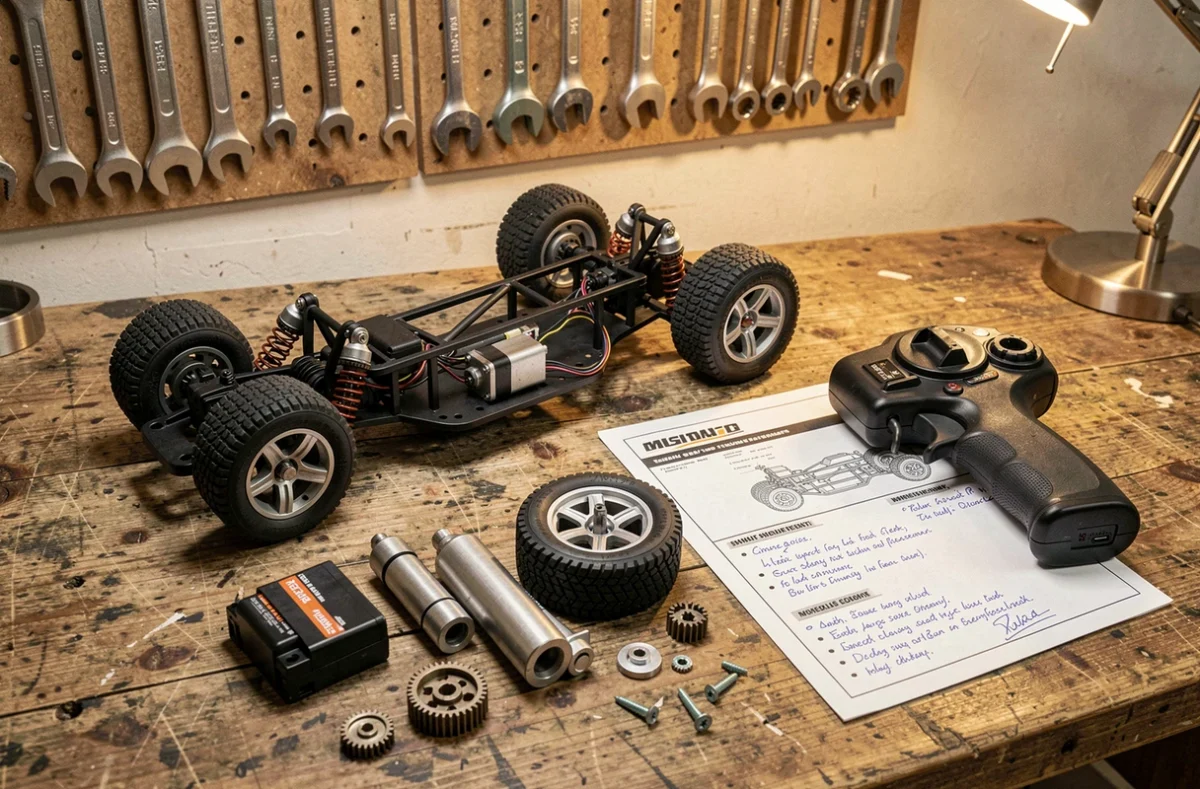 Pièces détachées d'une voiture radiocommandée disposées sur un établi d'atelier de modélisme
