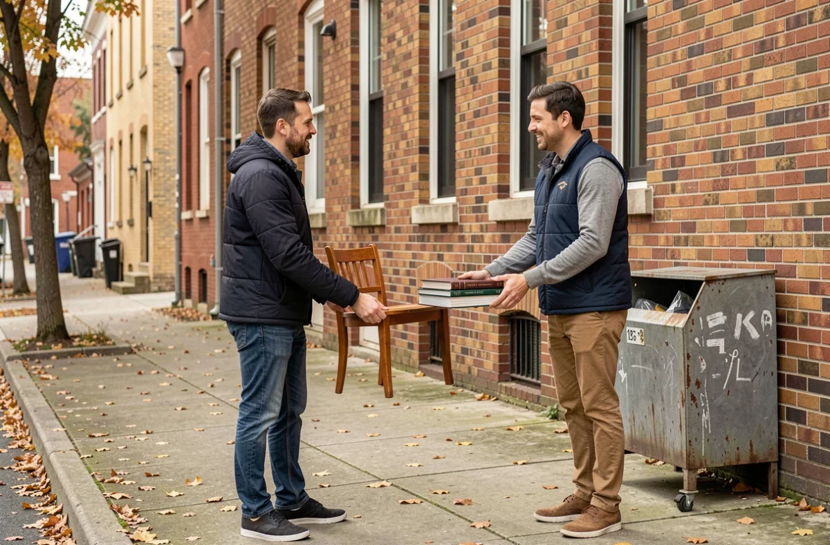 Deux hommes remettant des objets usagés à un bénévole devant un point de collecte associatif en milieu urbain