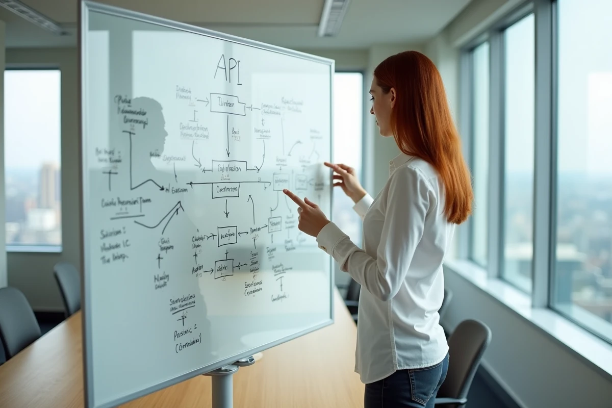 Femme présentant un schéma d'échanges de données via API sur un tableau blanc dans une salle de réunion moderne