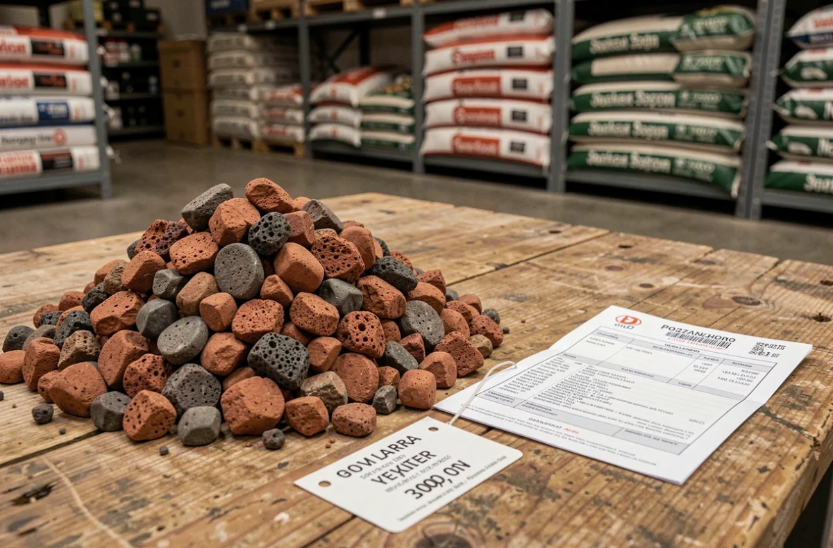 Gros plan sur de la pouzzolane volcanique avec étiquette de prix sur un établi