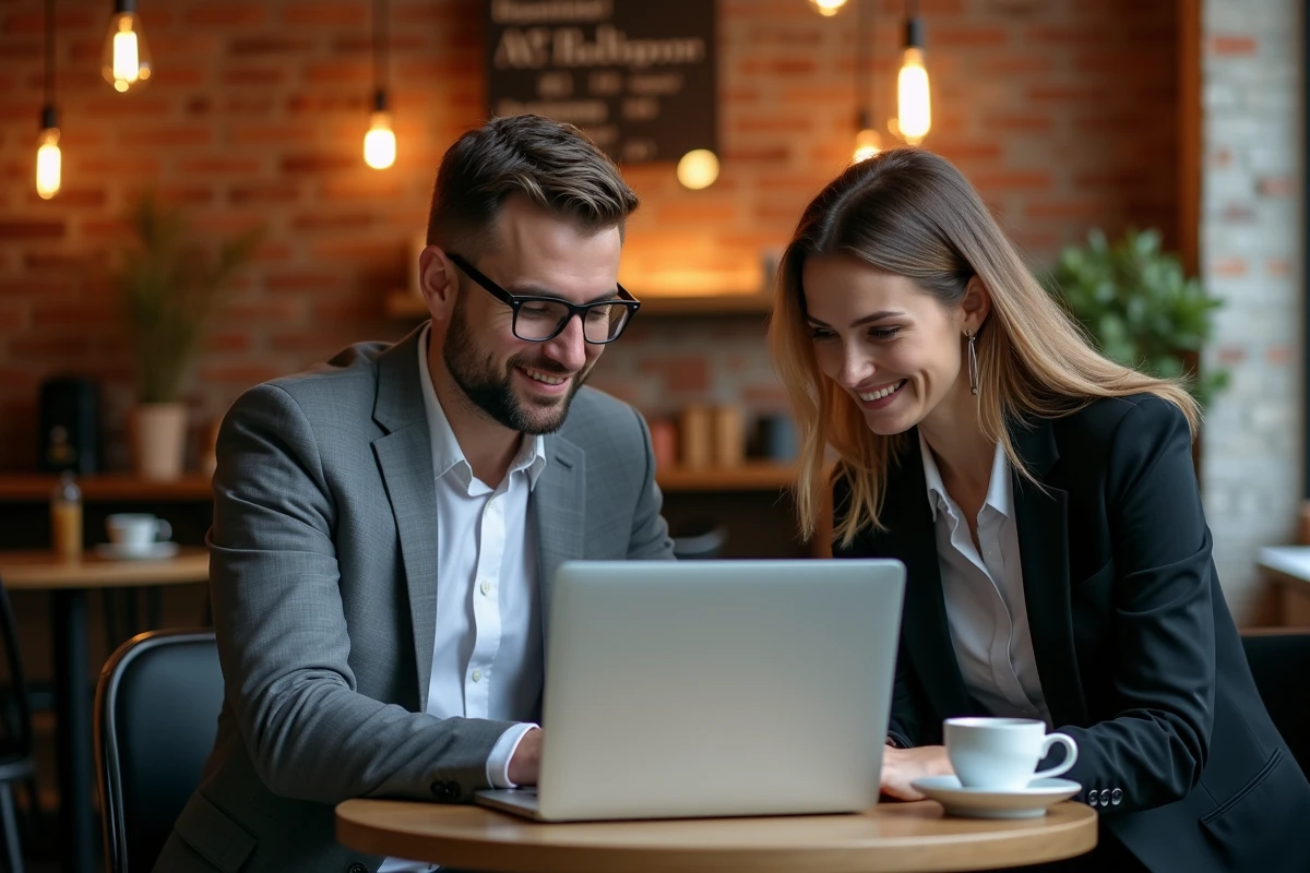 Deux professionnels analysant un tableau de bord d'intégration API ensemble dans un café urbain avec un ordinateur portable
