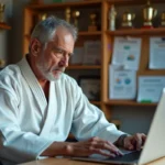 Responsable de club de judo utilisant l'extranet FFJDA sur un ordinateur portable dans un bureau de club