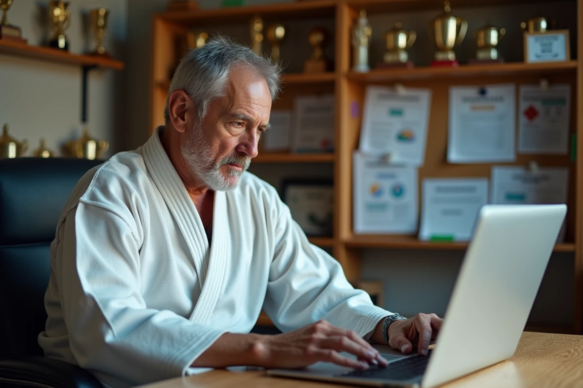 Responsable de club de judo utilisant l'extranet FFJDA sur un ordinateur portable dans un bureau de club