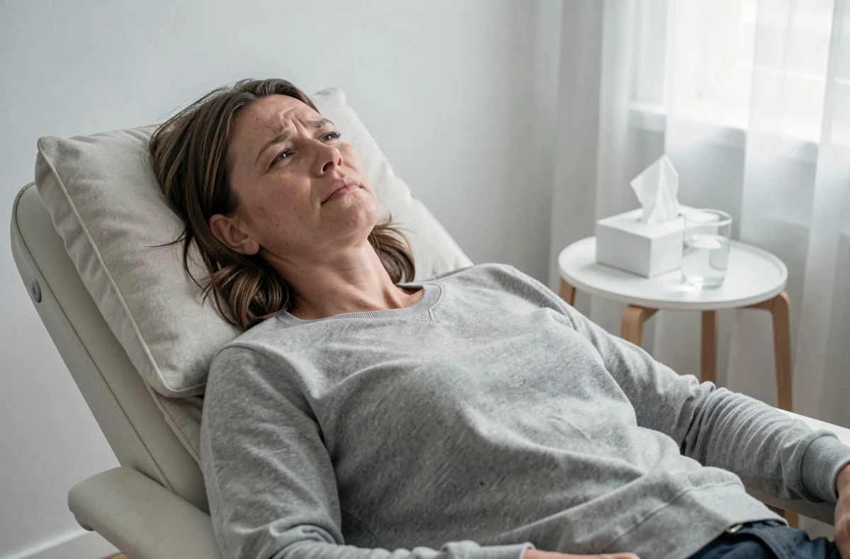Femme allongée en séance de sophrologie ressentant une émotion intense, illustrant les risques psychologiques insoupçonnés de la pratique