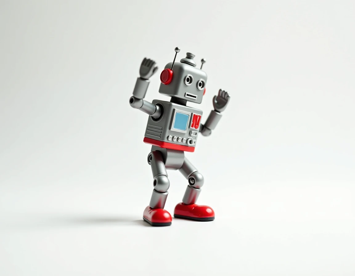 Un petit robot rétro jouet qui danse de façon saccadée et mécanique