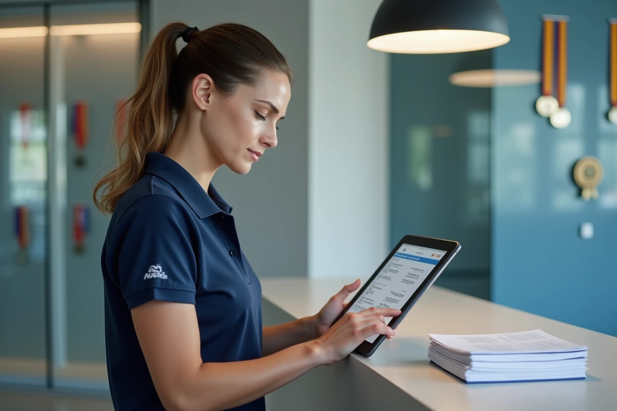 Secrétaire de club de judo gérant les licences et inscriptions sur une tablette via l'extranet fédéral