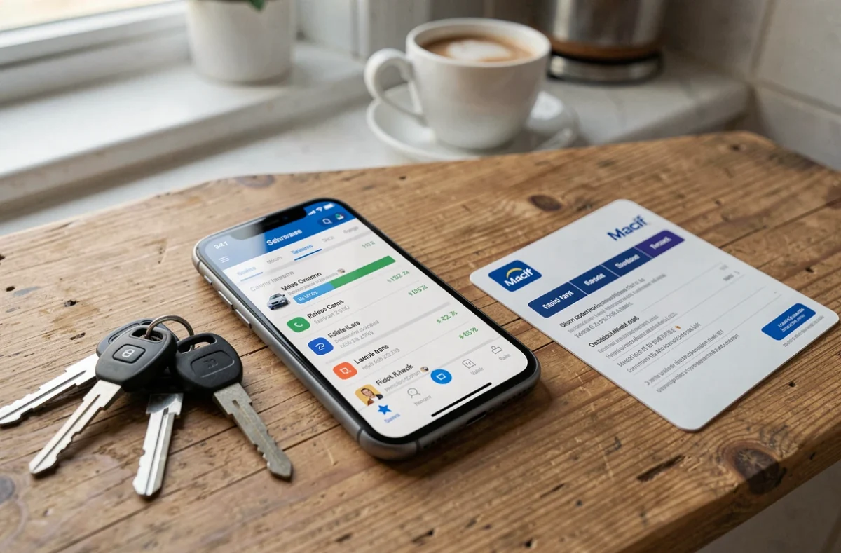 Smartphone affichant les détails d'une franchise auto tous risques Macif posé avec des clés de voiture