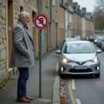 Un homme consultant un panneau de stationnement gratuit dans une rue résidentielle de Rennes avec des bâtiments en pierre bretonne