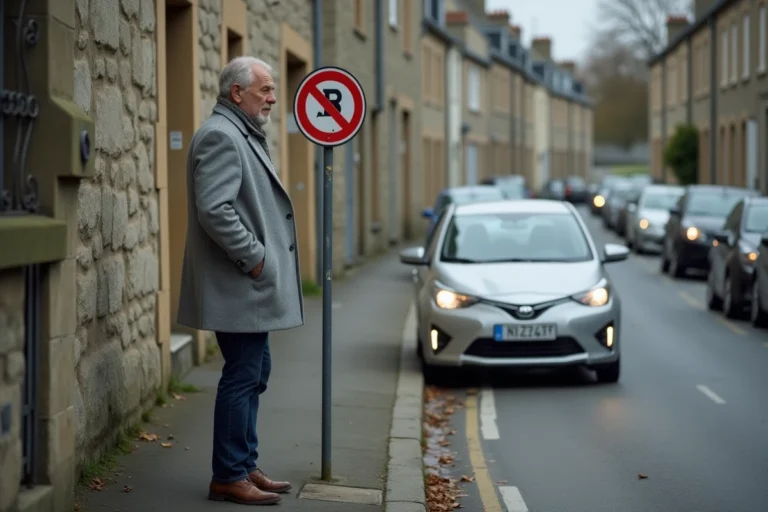Un homme consultant un panneau de stationnement gratuit dans une rue résidentielle de Rennes avec des bâtiments en pierre bretonne