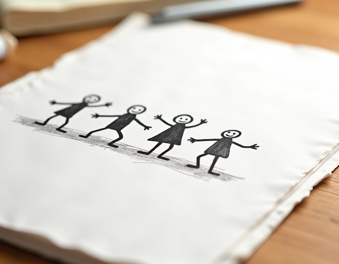 Des personnages en stick figure dessinés à l'encre sur papier en train de danser de façon synchronisée