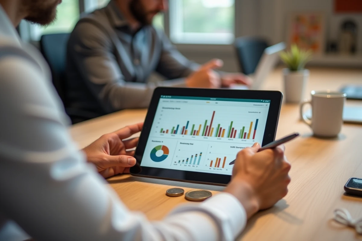 Mains masculines consultant un tableau de bord d'investissement sur tablette pour gérer ses placements d'épargne