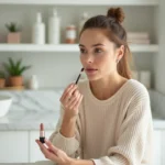 Femme appliquant un rouge à lèvres nude devant une coiffeuse en marbre blanc dans une salle de bain minimaliste
