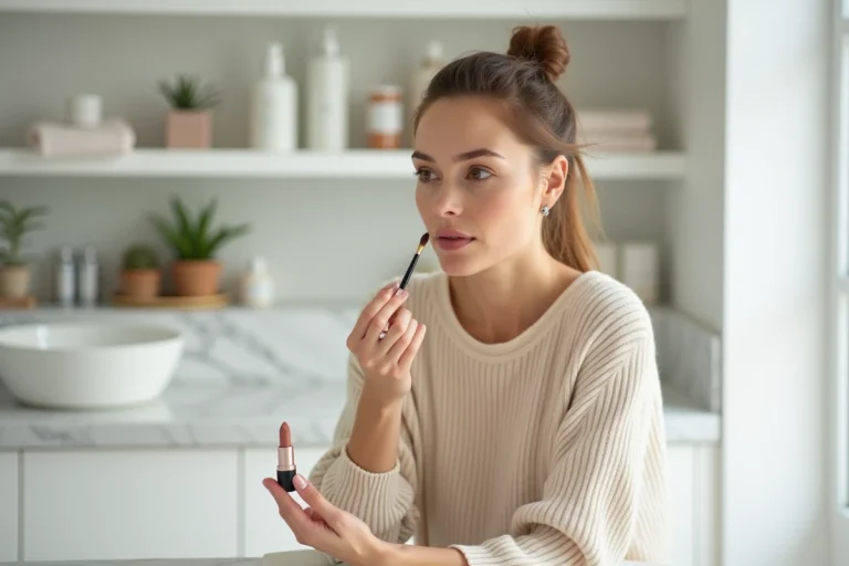 Femme appliquant un rouge à lèvres nude devant une coiffeuse en marbre blanc dans une salle de bain minimaliste