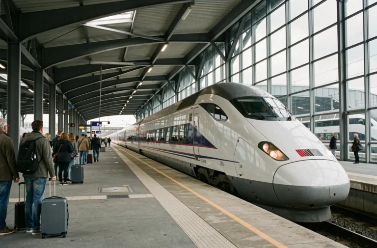 TGV moderne entrant en gare en France avec des voyageurs sur le quai, illustrant les dernières innovations du transport ferroviaire