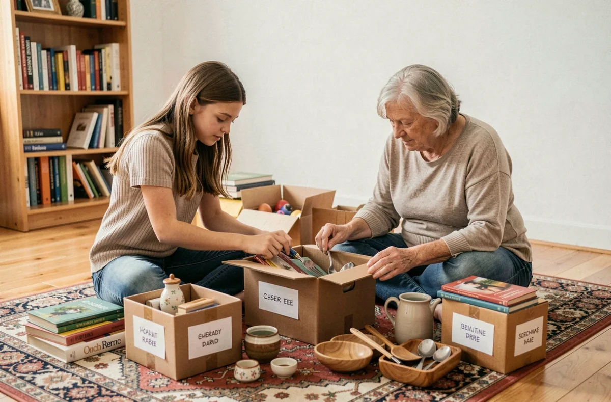 Grand-mère et petite-fille triant ensemble des objets du quotidien dans des cartons pour les donner plutôt que les jeter