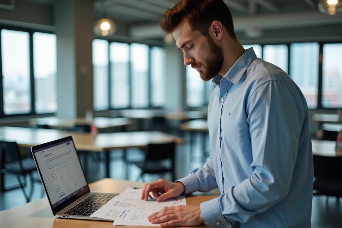 Jeune homme vérifiant une liste d'étapes pour éviter les erreurs lors de la création d'une cagnotte On Participe dans un espace de coworking